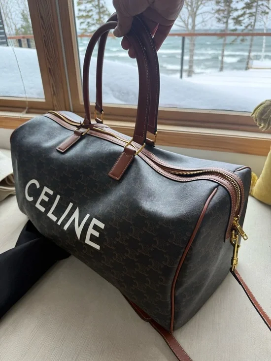 CELINE Black Logo Canvas & Brown Leather Duffel Bag - Picture 5 of 14